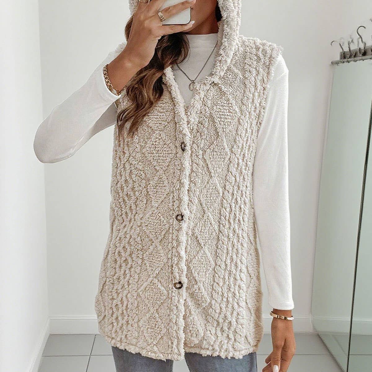 Double-sided plush casual hooded cardigan