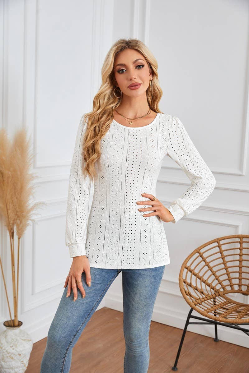 ROUND NECK T-SHIRT WITH HOLES AND PUFFY SLEEVES
