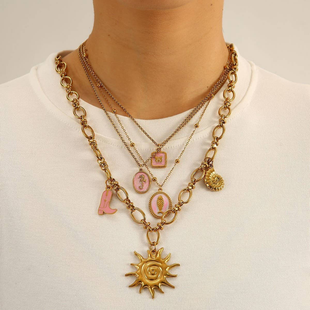 Ocean Style Steel Necklace with Shell & Fish_CWMM8834