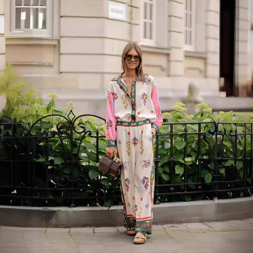 FASHION LINEN PRINTED MACARON LONG-SLEEVED SUIT