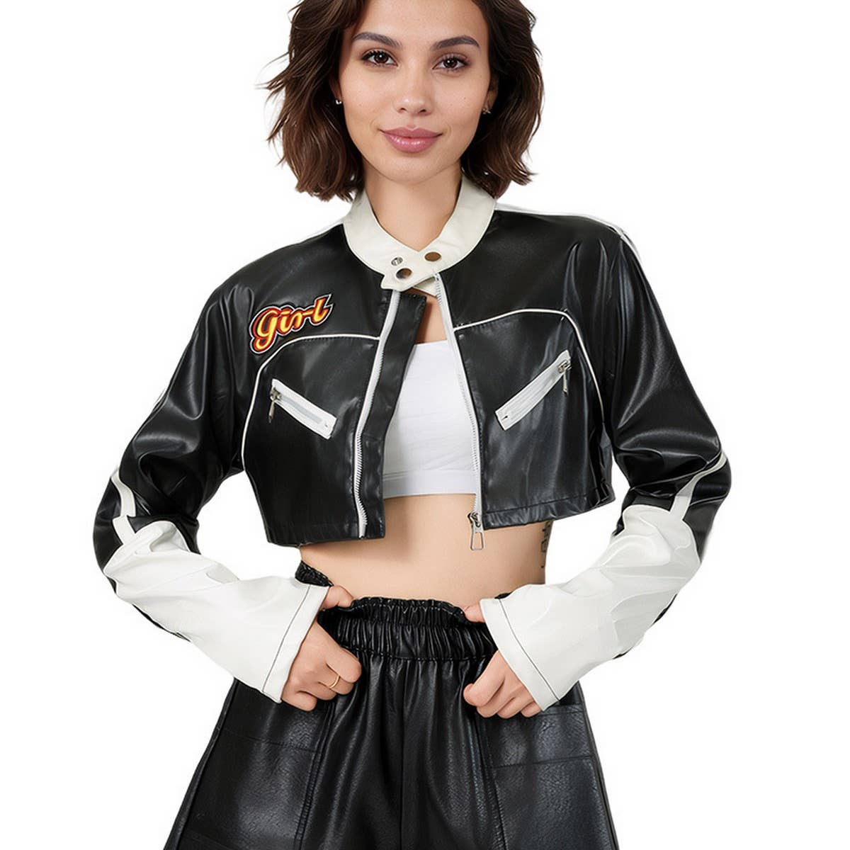 Colorblock Biker PU Jacket ? Trendy Women¡¯s Coat