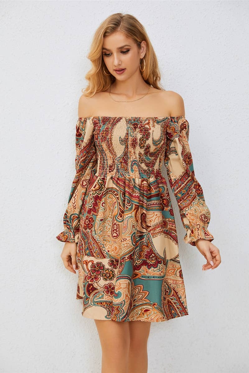 CWDSD3722_ONE-SHOULDER LONG-SLEEVED PRINTED SHORT DRESS