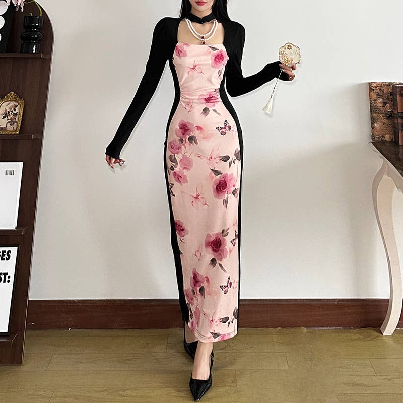 VINTAGE SPICE PRINT PRINT SLIM HIGH-WAISTED DRESS