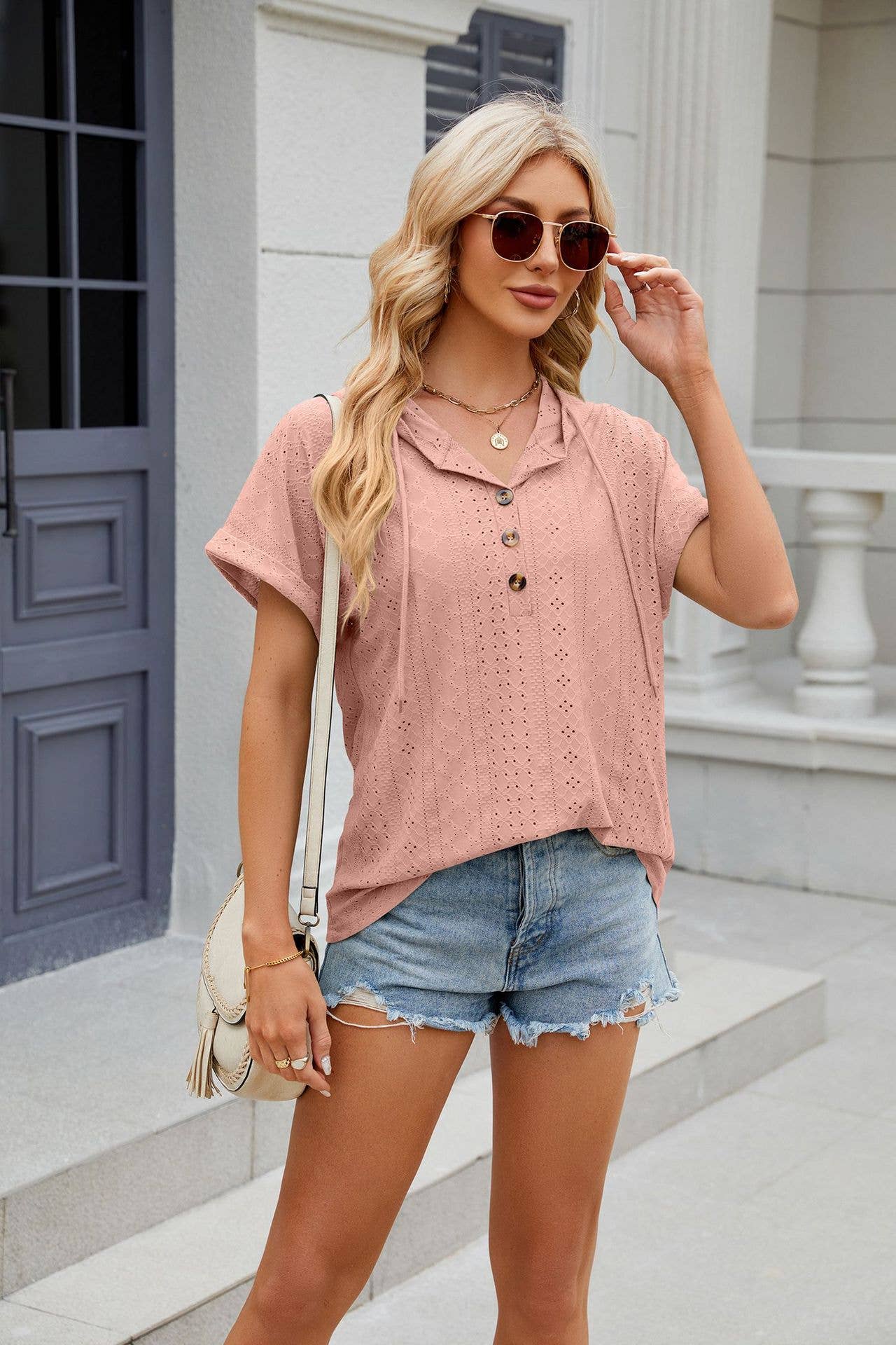 Solid color half-breasted hooded loose T-shirt