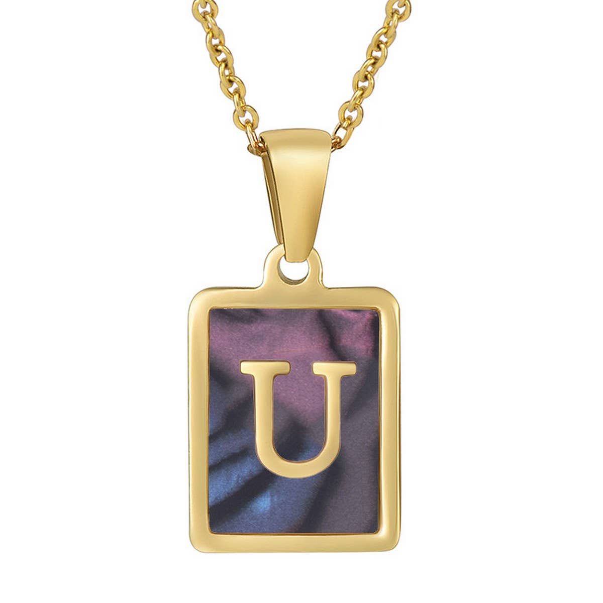 CWAJE1930_Square Stainless Steel Color Shell Letter Necklace