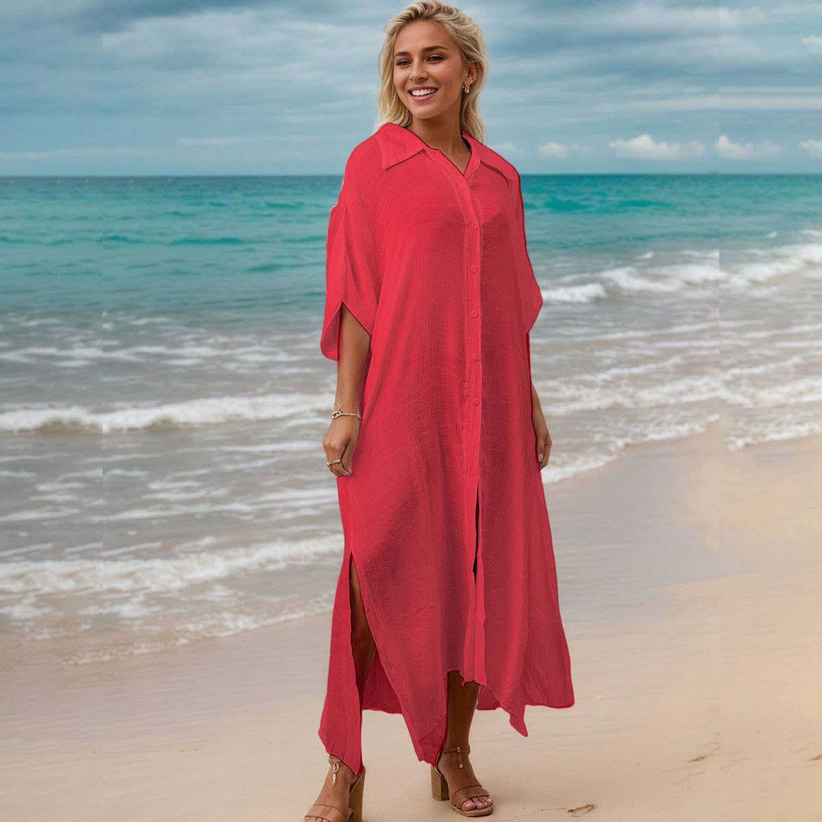 Bamboo Cotton Beach CoverUp Solid Color BikiniShirt_CWMM6300