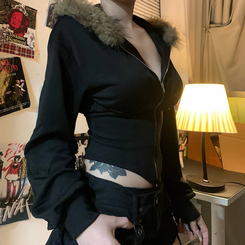 Woolen collar,cinched waist,hooded zipper jacket