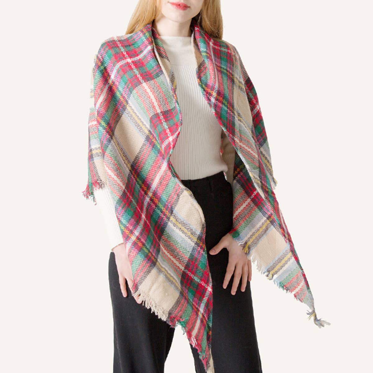 Rainbow Plaid Scarf ??Triangle Winter Shawl_CWASC0116