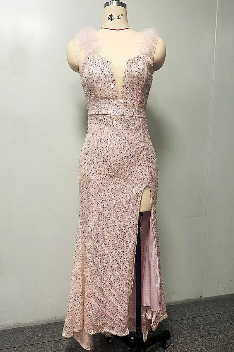 CWDMD5430_ELEGANT SEQUIN FEATHER TRIM RED FORMAL MAXI DRESS