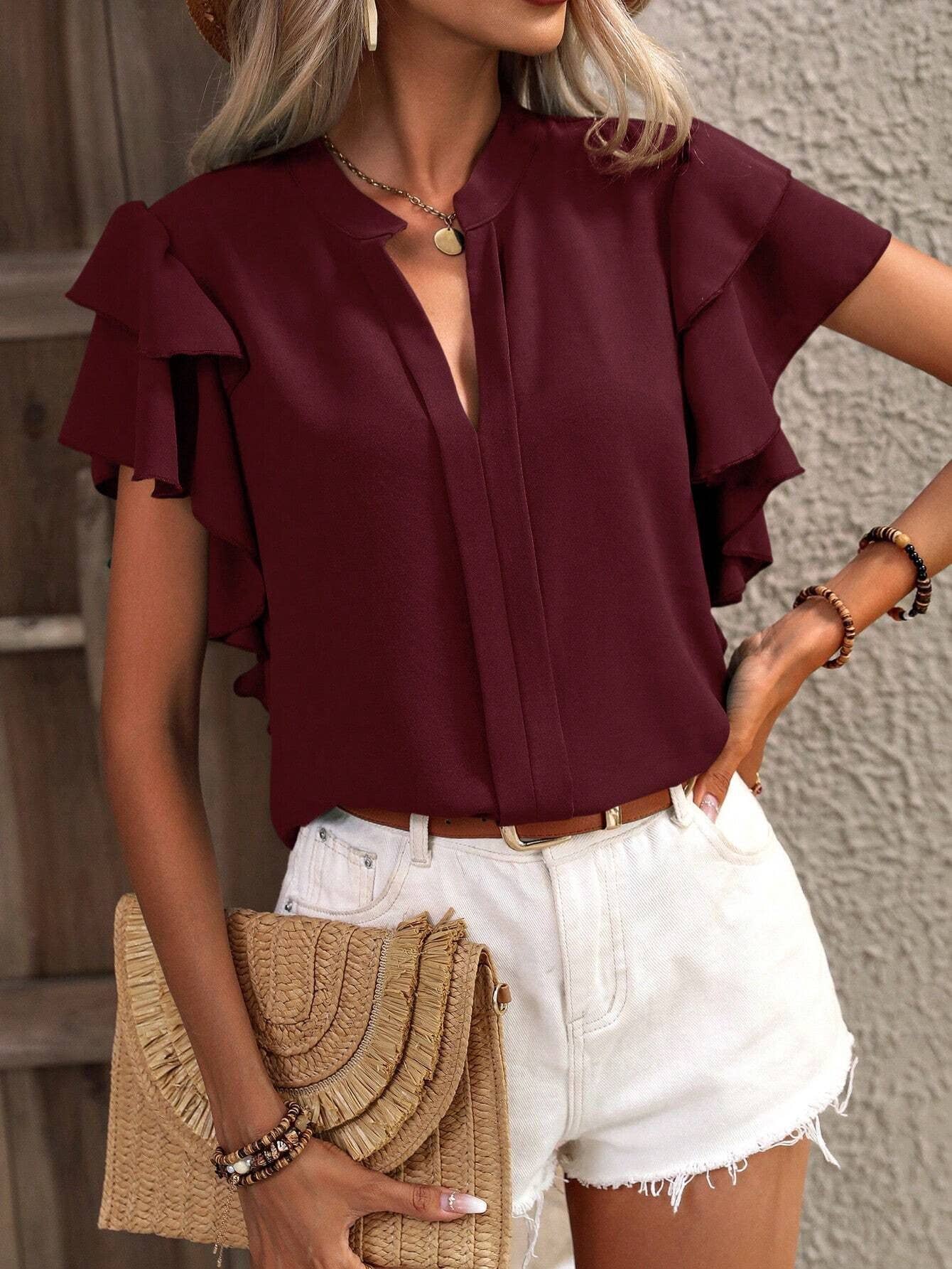 V-NECK CASUAL DOUBLE LAYER LOTUS SLEEVE BLOUSE