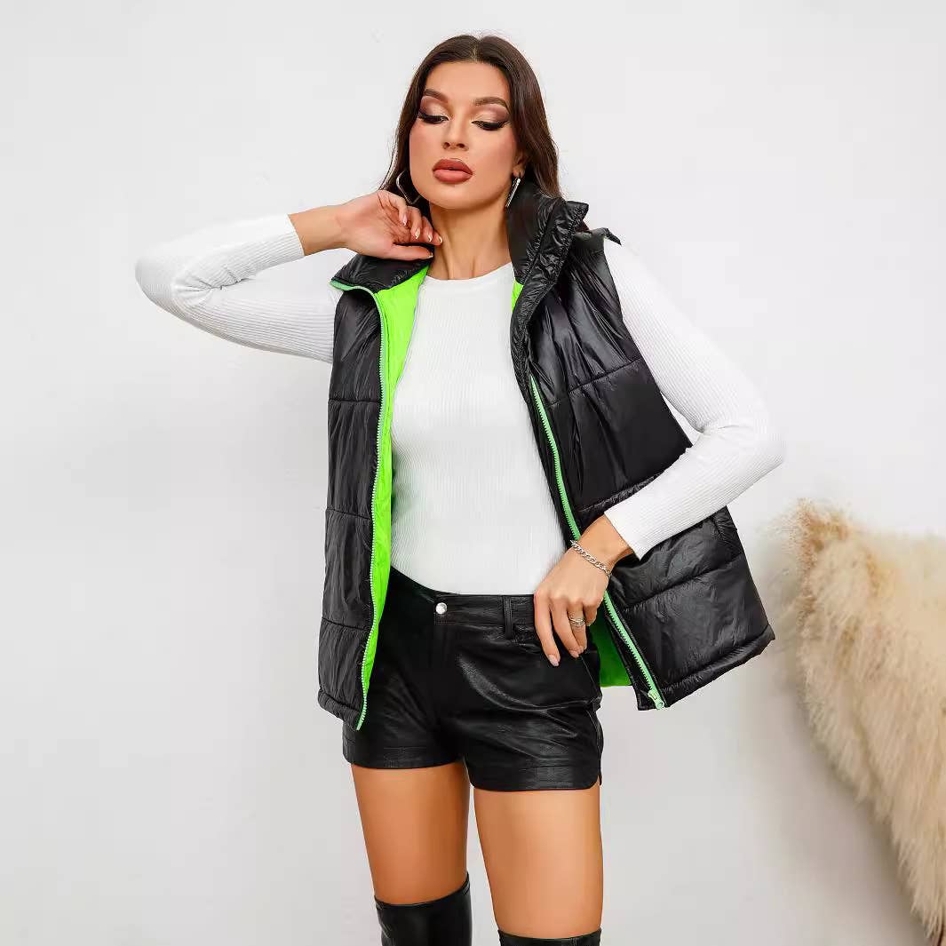 STANDING COLLAR ZIPPER SHORT PADDED JACKET VEST