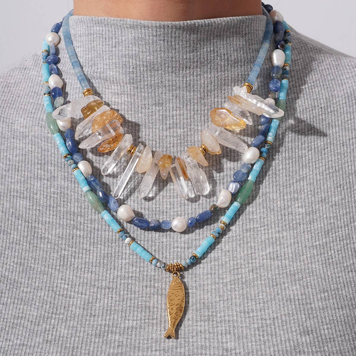 Stainless Steel Fish Pearl Natural Stone Necklace_CWMM7543