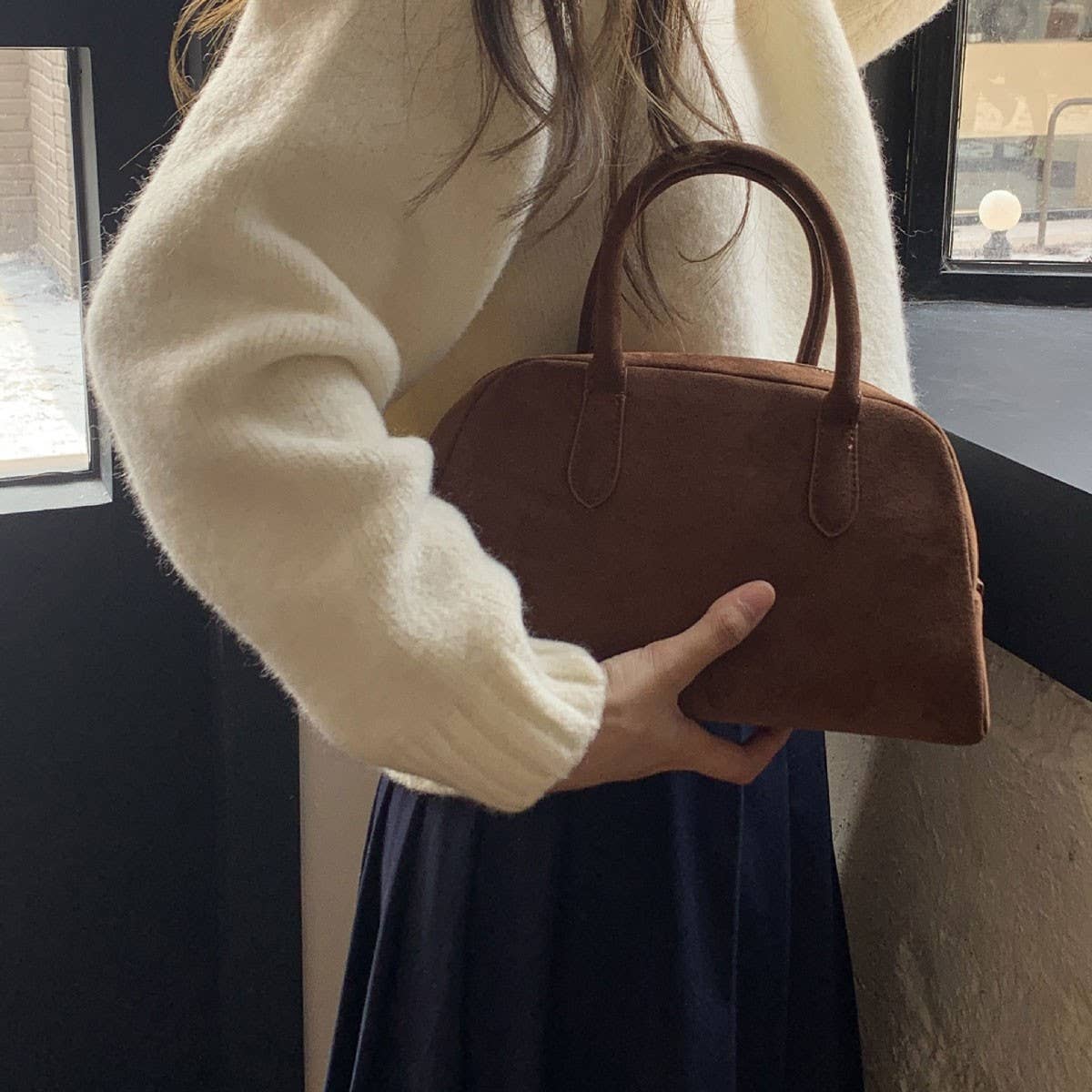 FASHION SIMPLE BROWN SUEDE BOSTON BAG HANDBAG_CWAB4114