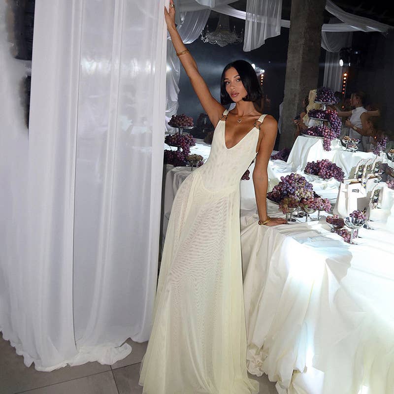 SEXY V-NECK HALTER SKIRT TEMPERAMENT MESH DRESS