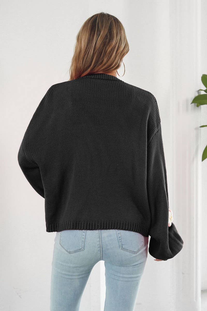 CWOCAL1182_EMBROIDERED FLOWER LANTERN SLEEVE KNIT CARDIGAN