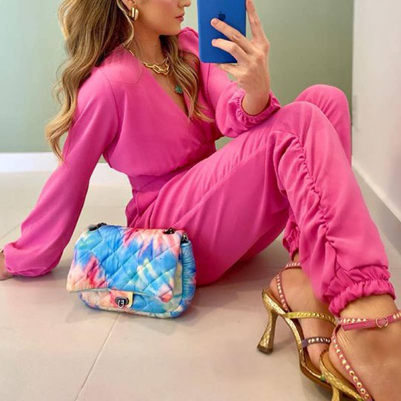 V-NECK CASUAL TOP SWEATPANTS SUIT TWO-PIECE