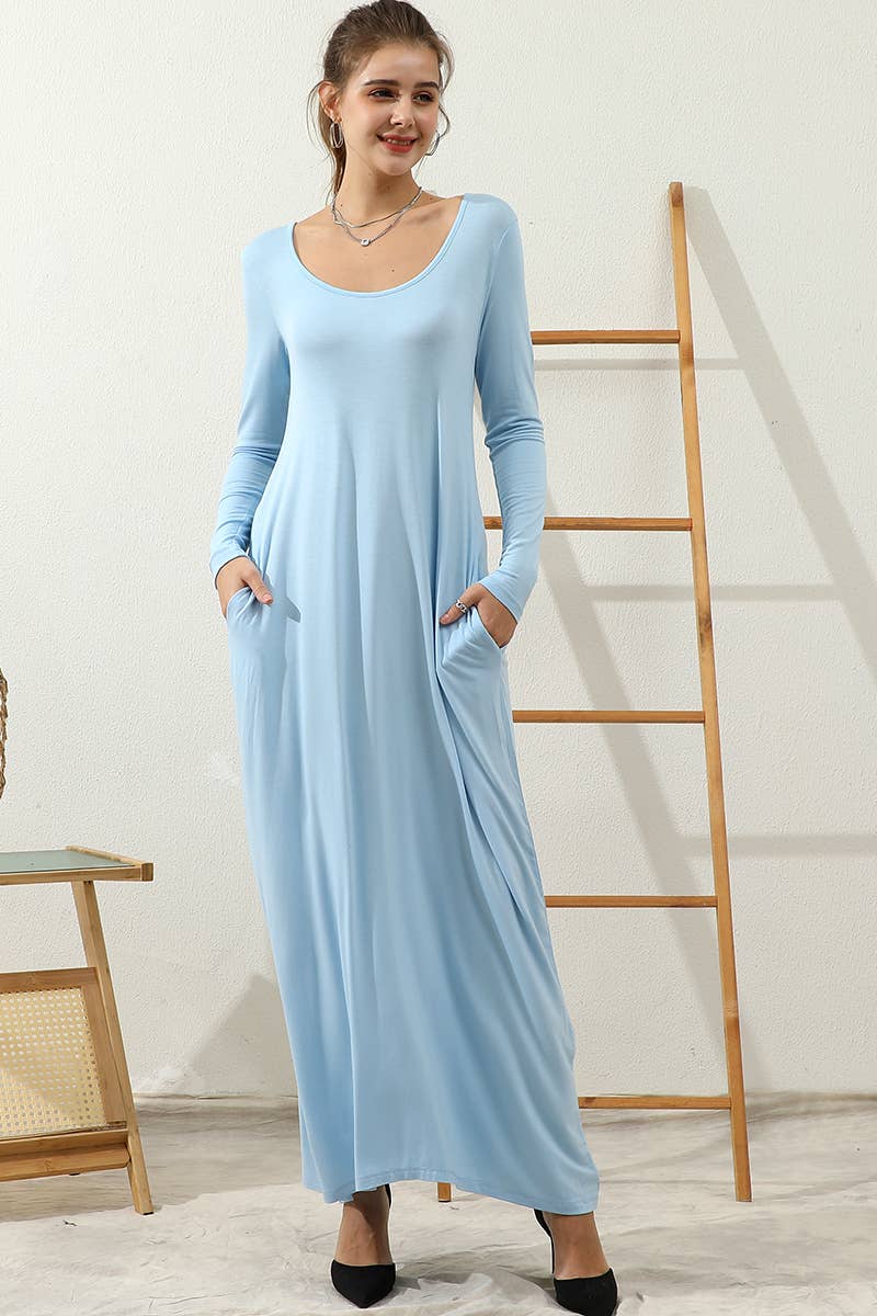 CWDMD799_R NECK LOOSE FIT MAXI DRESS WITH SIDE POCKETS