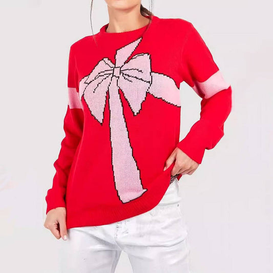 Solid color crew neck sweater with bow elements