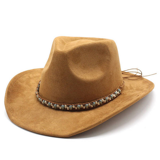 Felt Suede-Like Beaded Cowboy Fedora Unisex Hat_CWAH0822