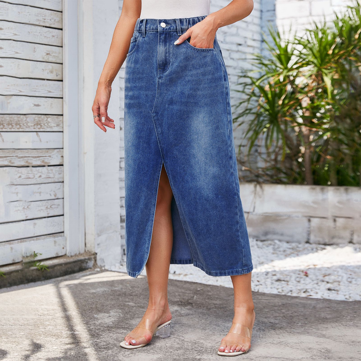 Women??¢s Washed Denim Midi Skirt with Slit_CWJSK0196