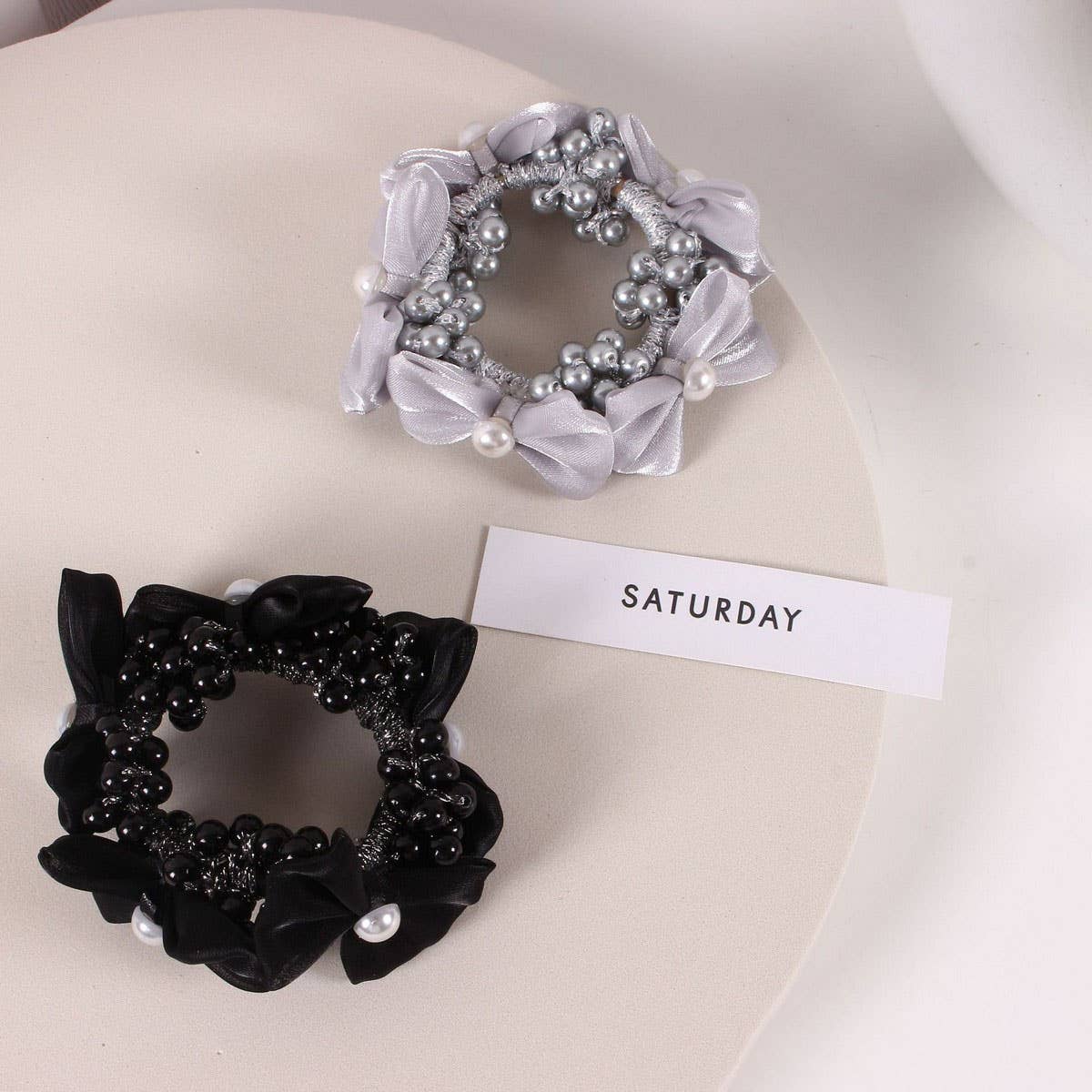 Elegant Pearl Satin Bow Elastic Hair Tie