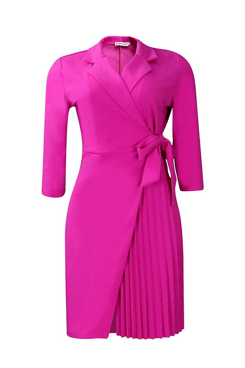 CWDSD3574_PLUS SIZE SUIT COLLAR STRAPPED PLEATED SHORT DRESS