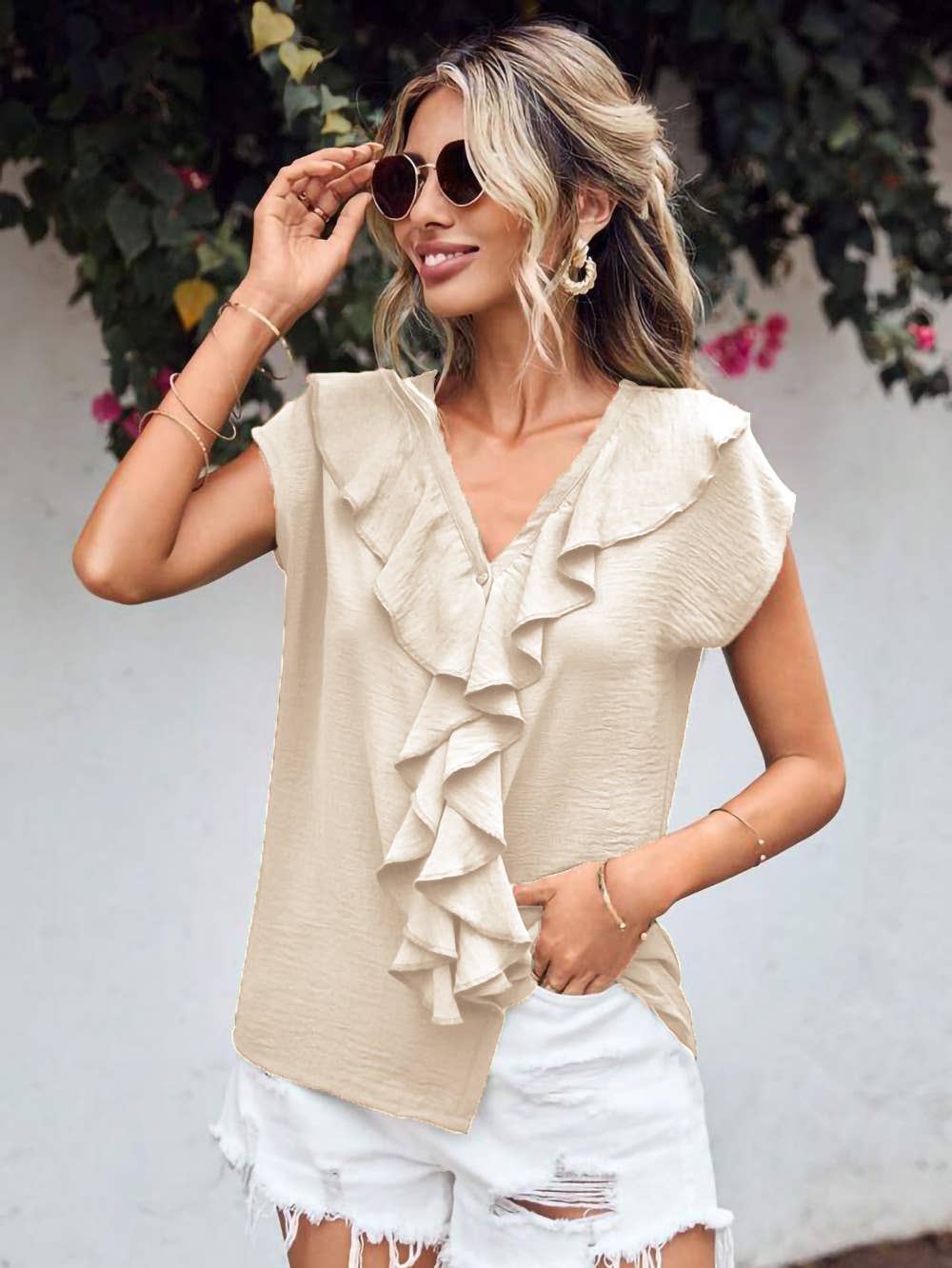 V-NECK RUFFLED CARDIGAN LOOSE CASUAL SHIRT