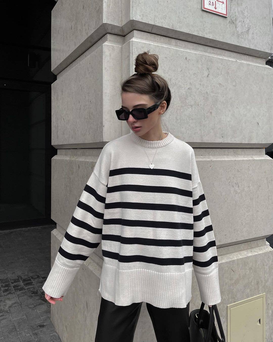 Striped long-sleeved round-neck knitted sweater