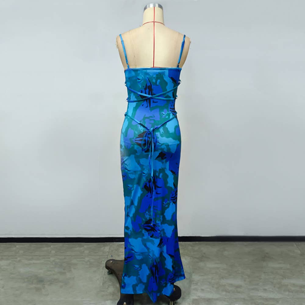 PRINT HALTER LONG SLEEVELESS BOHEMIAN DRESS