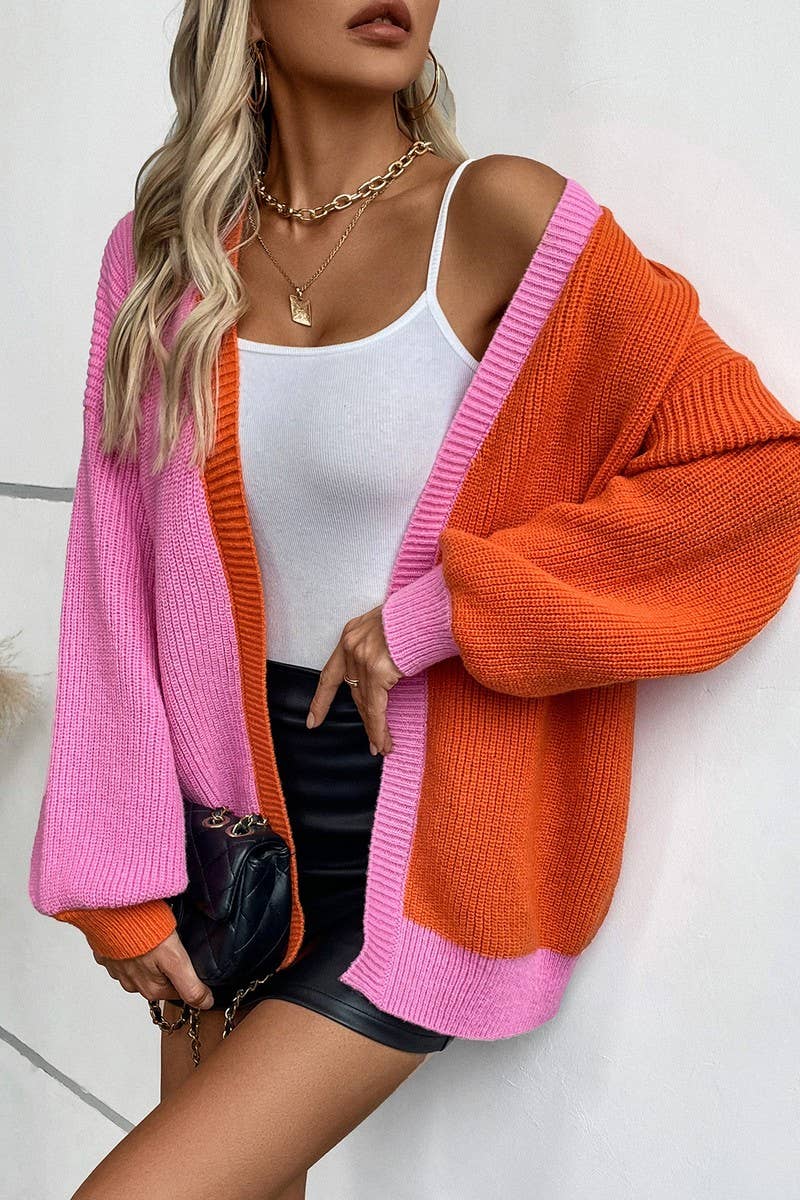 CWOCAL0841_COLORBLOCK CASUAL LONG SLEEVE KNIT CARDIGAN