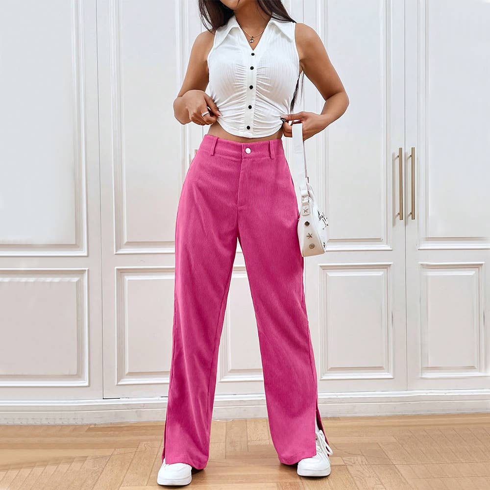 CORDUROY CASUAL STRAIGHT PANTS WITH SLIT BOTTOMS