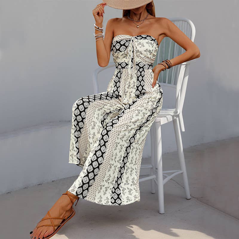 High waist boho tie waist wide leg pants