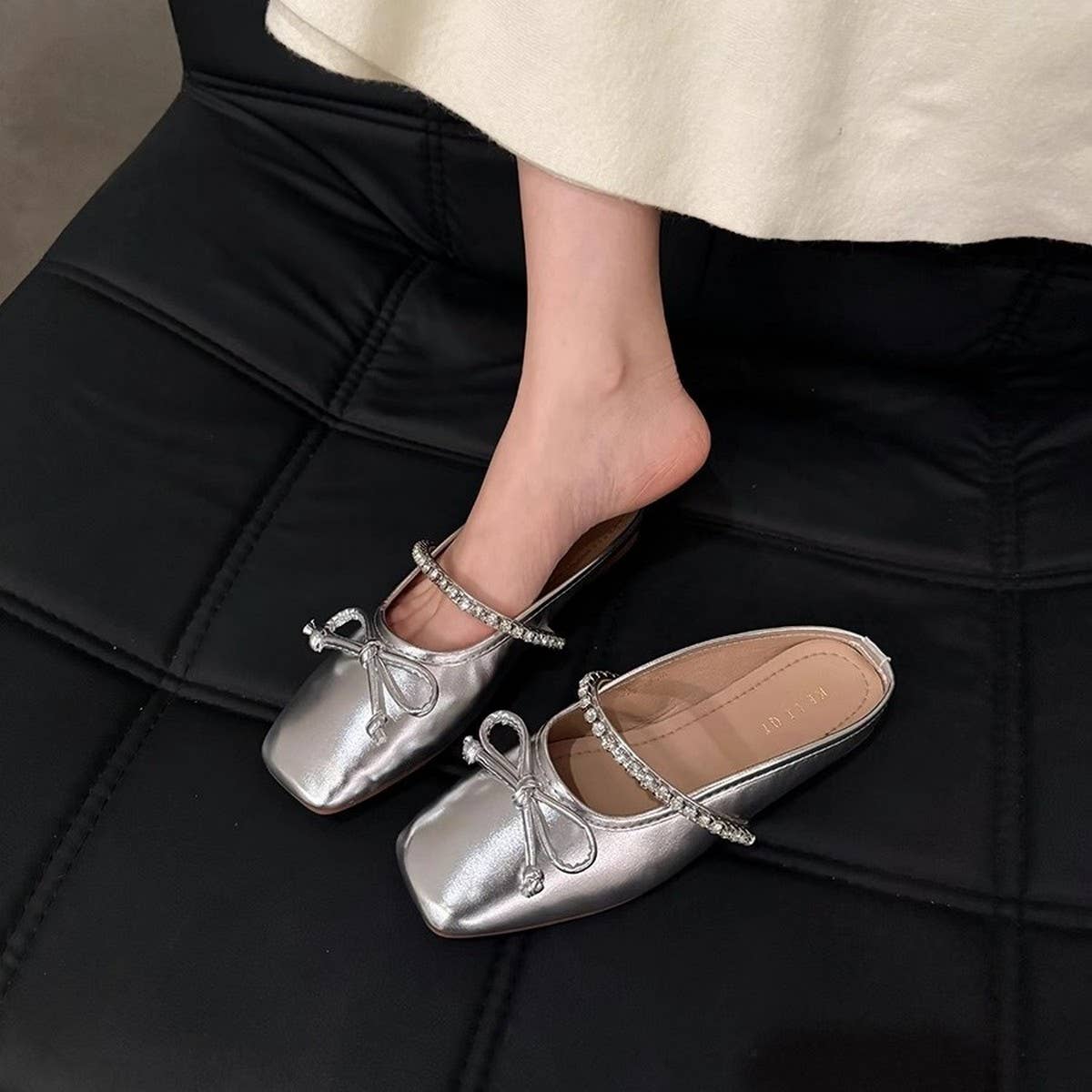 Silver Bow Mules for Women Flat Closed Toe