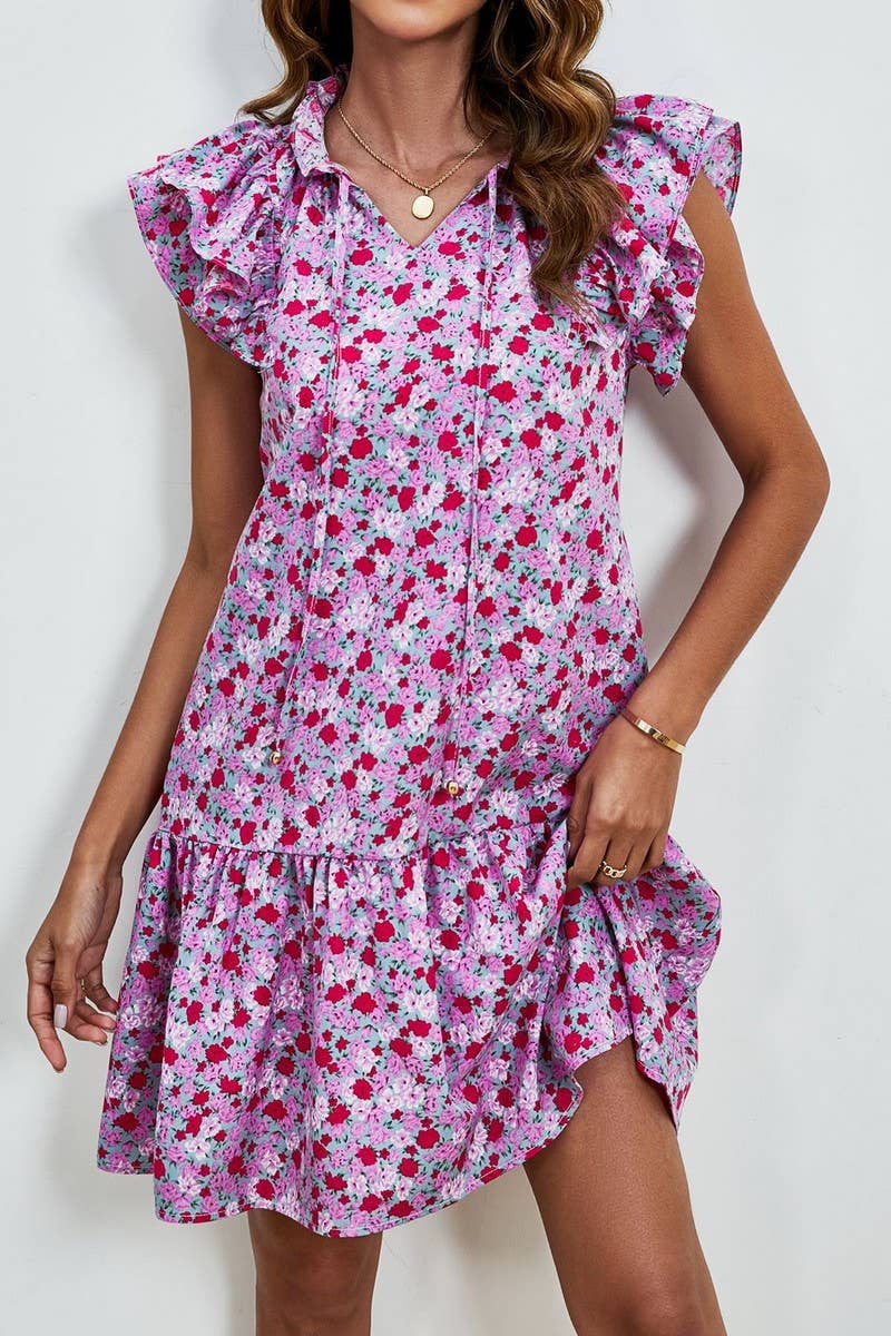 CWDSD7425_RUFFLED SLEEVELESS V-NECK PRINTED LAYERED DRESS