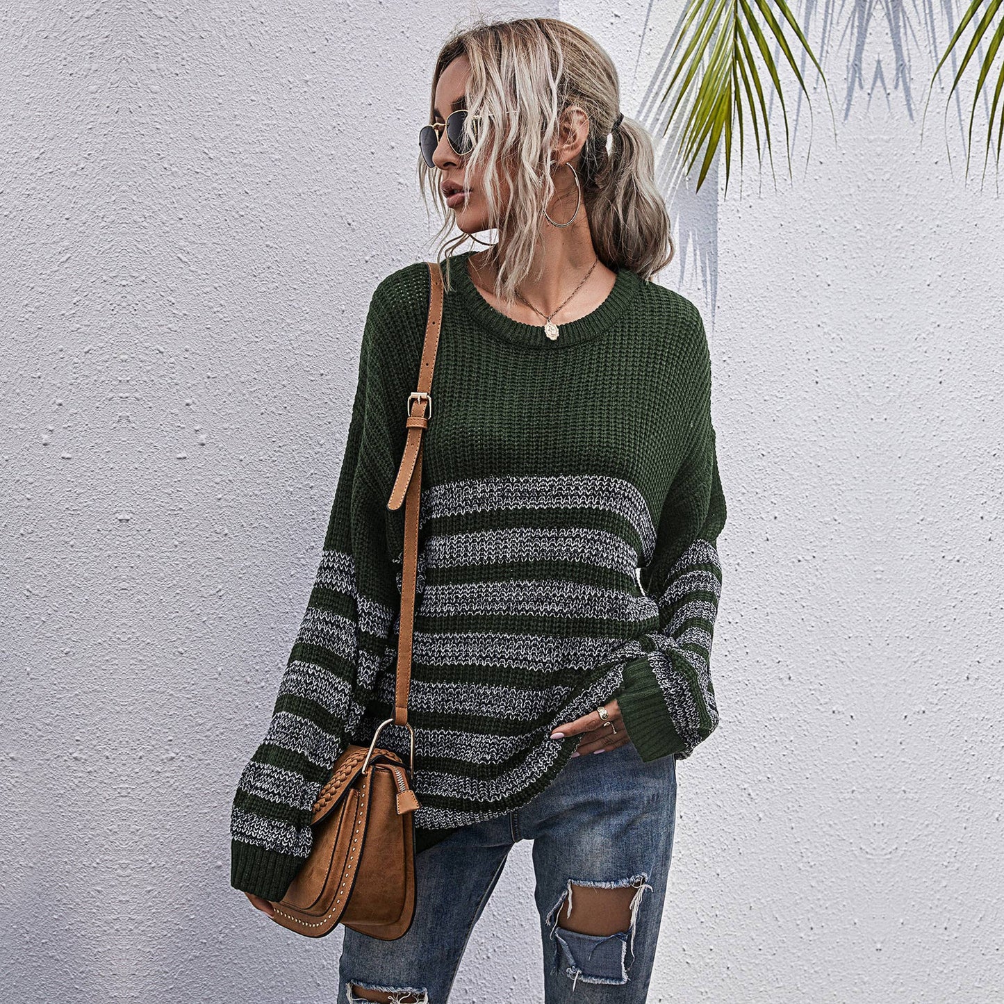 STRIPED CREW NECK LONG-SLEEVED SWEATER WITH BASE
