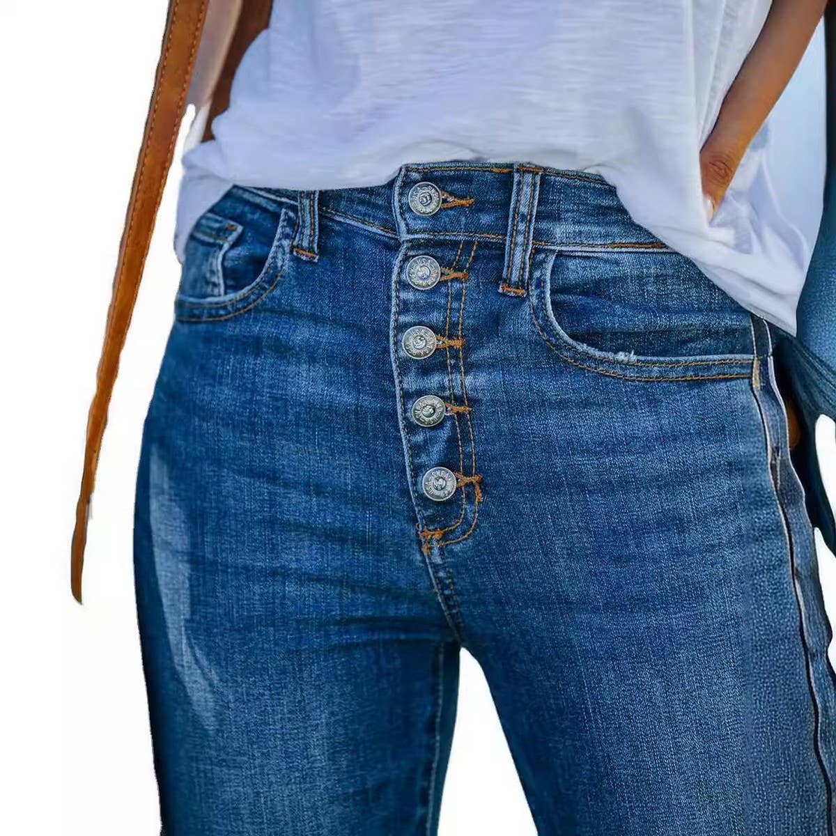 Ripped single-breasted denim floor length pants