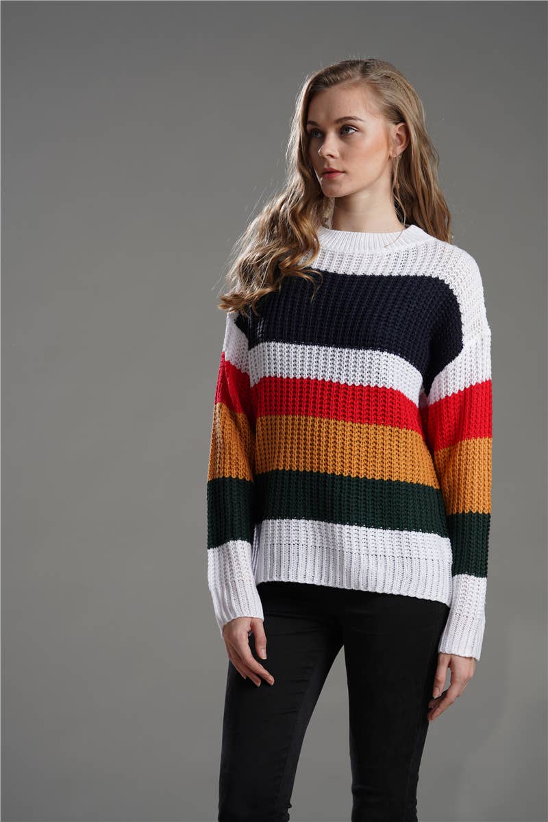WOMEN'S LOOSE RAINBOW PATCHWORK PULLOVER SWEATER