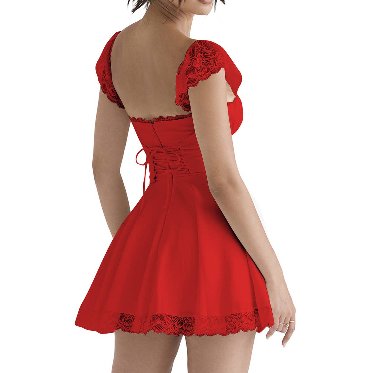 Lace-trimmed square-neck fitted halter dress