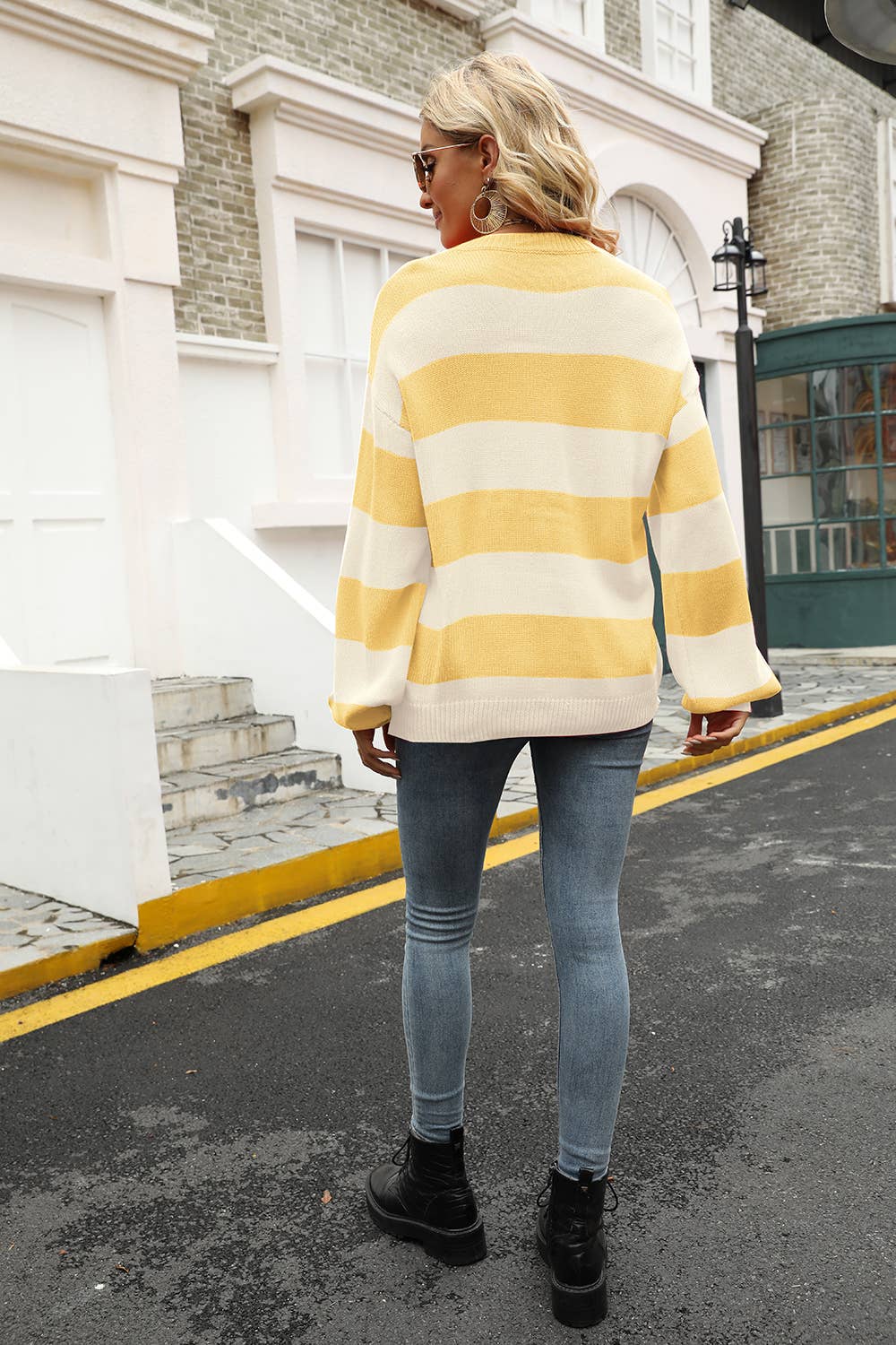Striped crew neck knit loose slouchy base