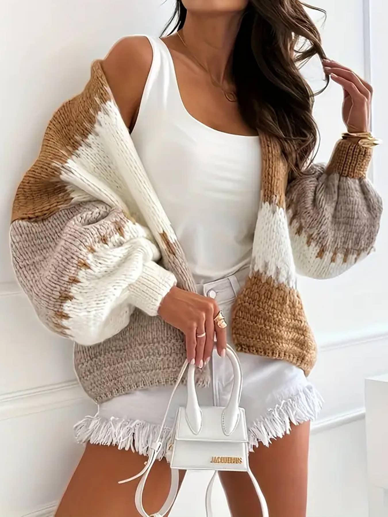 Lantern sleeves color-blocking knit cardigan