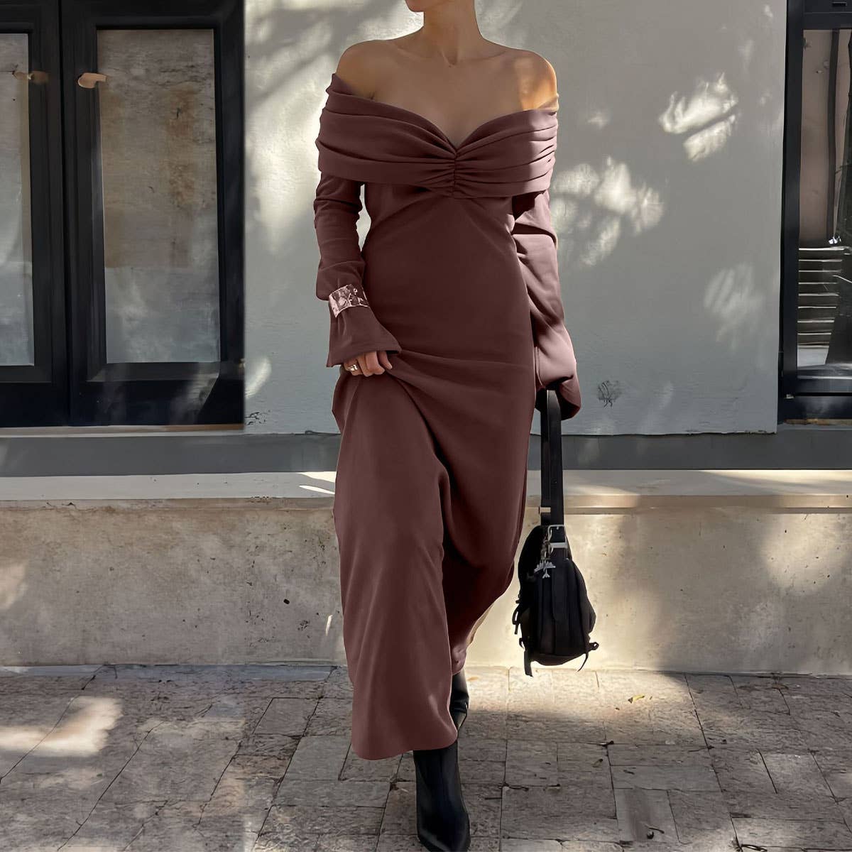 SLIM COFFEE COLOR TEMPERAMENT DESIGN SENSE DRESS
