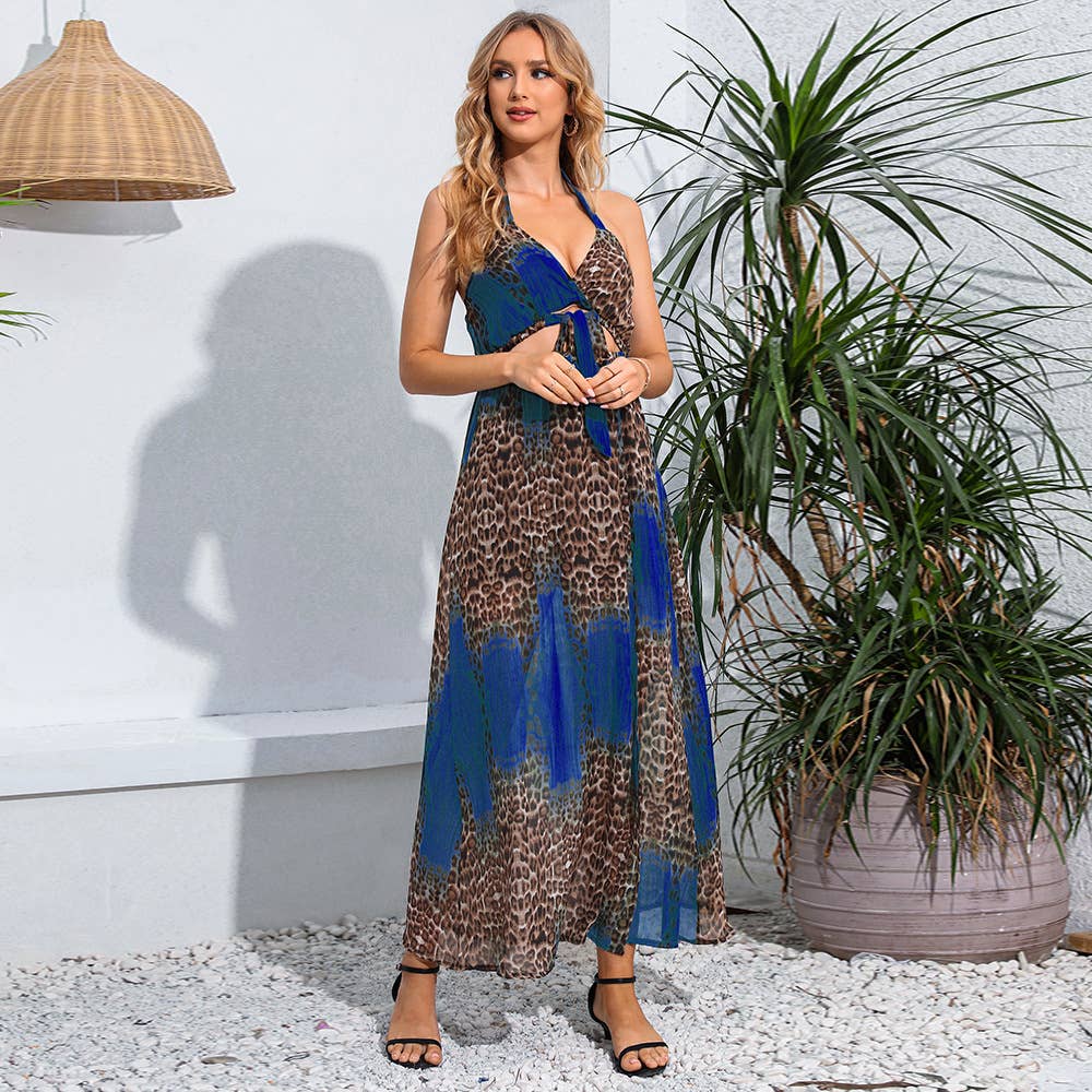 Leopard print backless chiffon boho dress