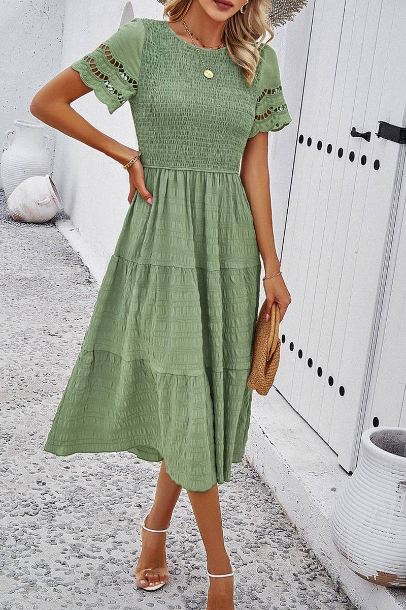 CWDSD2795_Smocking Detailed Short Sleeve Dress