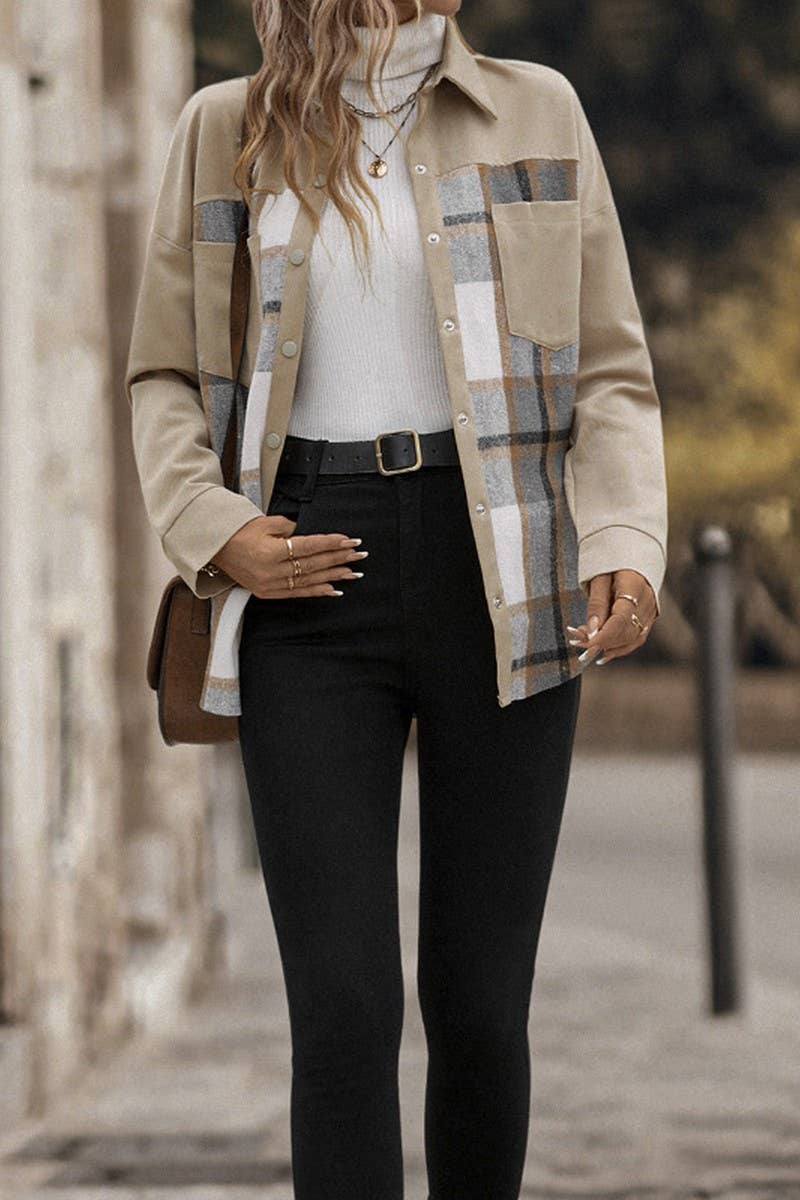 CWOCO0645_LAPEL SINGLE-BREASTED CHECK LONG-SLEEVED COAT