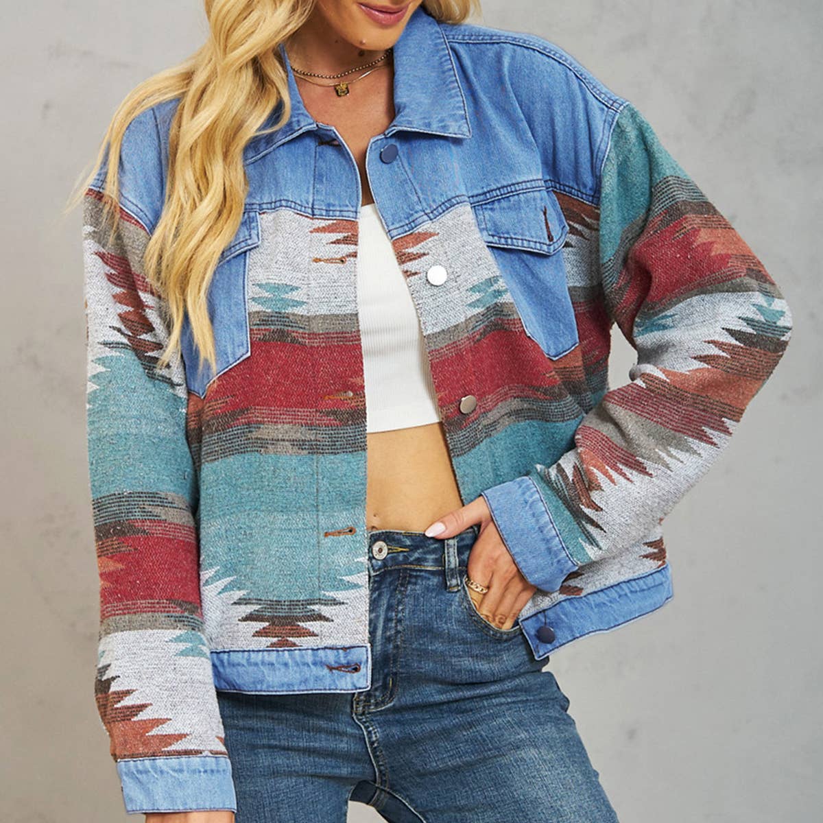 Washed and color-blocked denim jacket