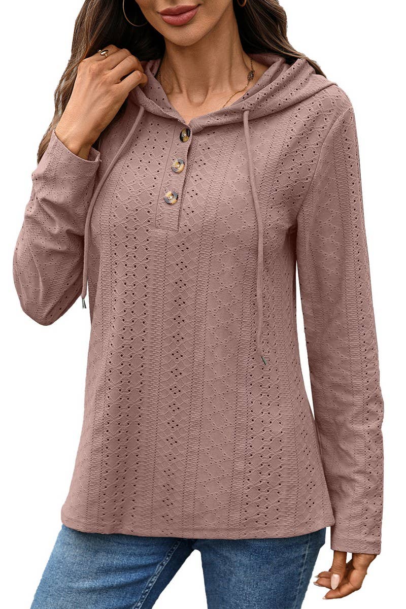 CWOHOL1119_V-NECK BUTTON DRAWSTRING PULLOVER LONG SLEEVE TEE