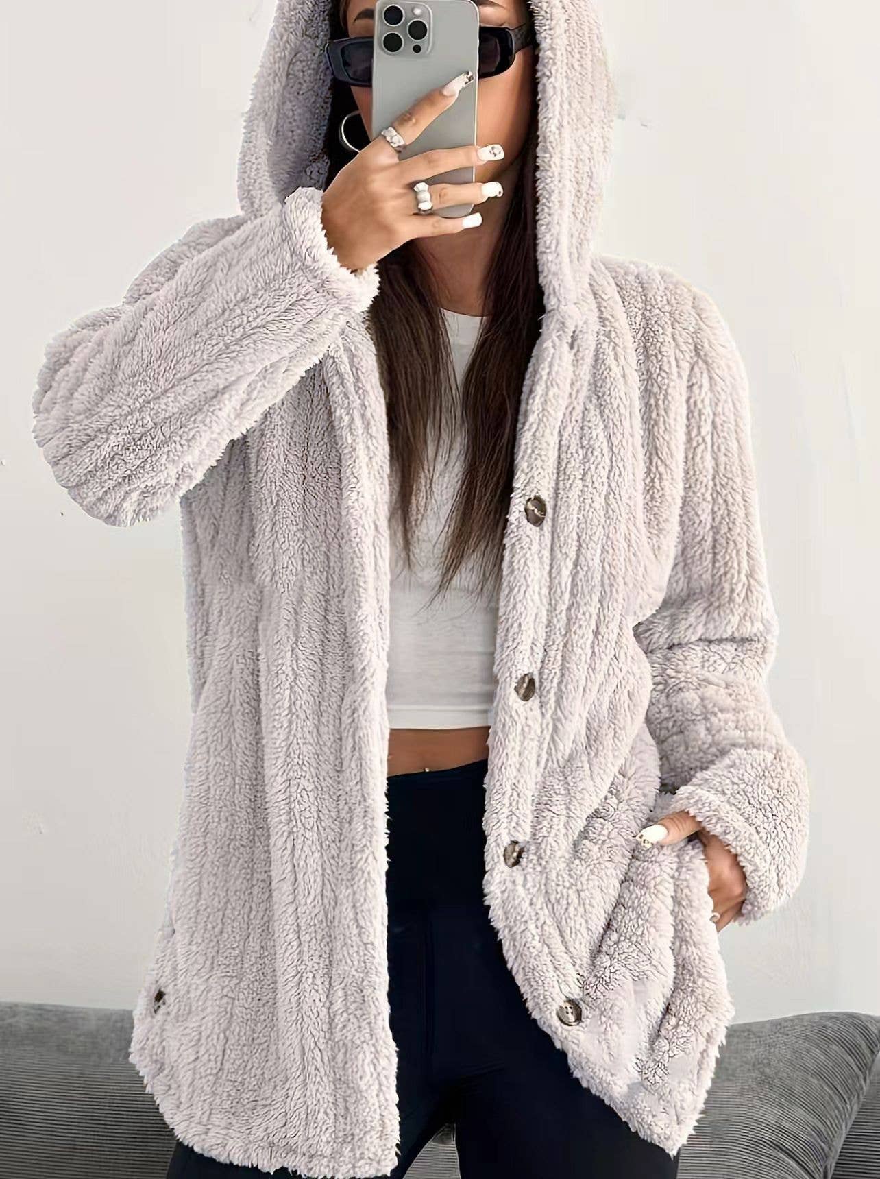 SOLID COLOR LONG SLEEVE HOODED LOOSE FLUFFY COAT