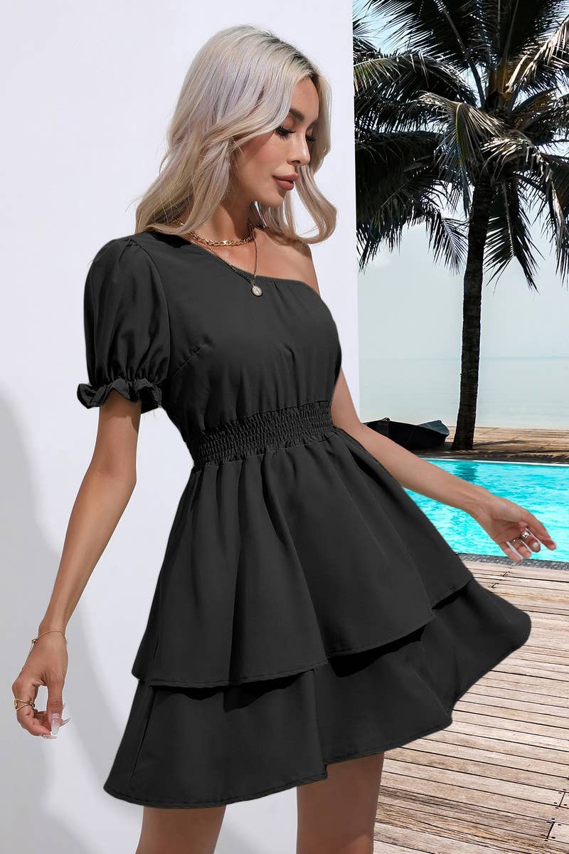 CWDSD2923_One Shoulder Short Sleeve Dresses