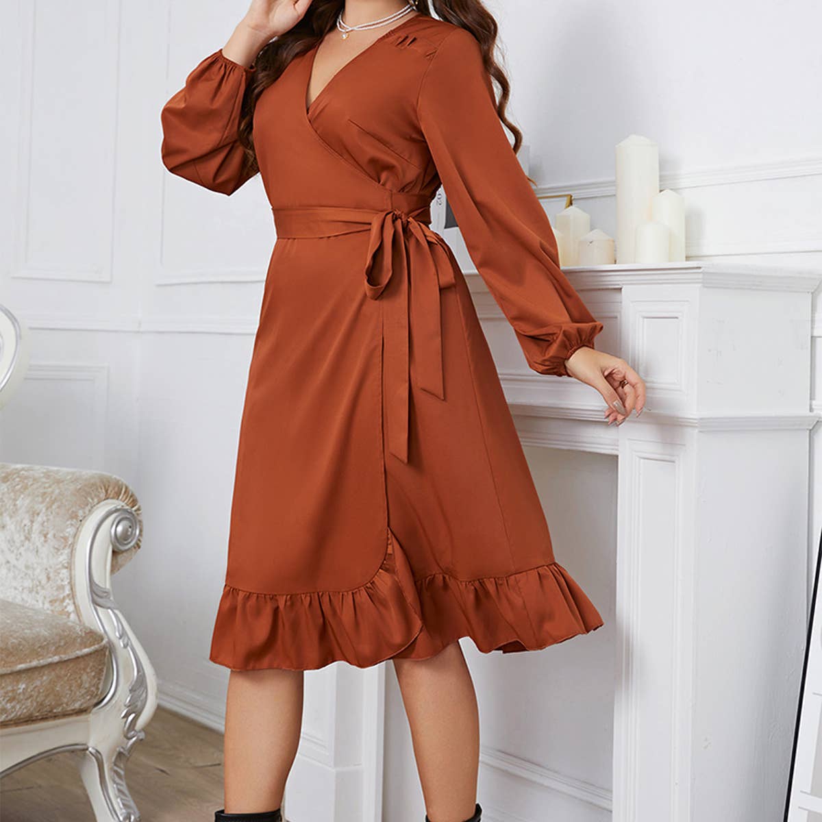 Long Sleeve Wrap Dress for Plus Size Women