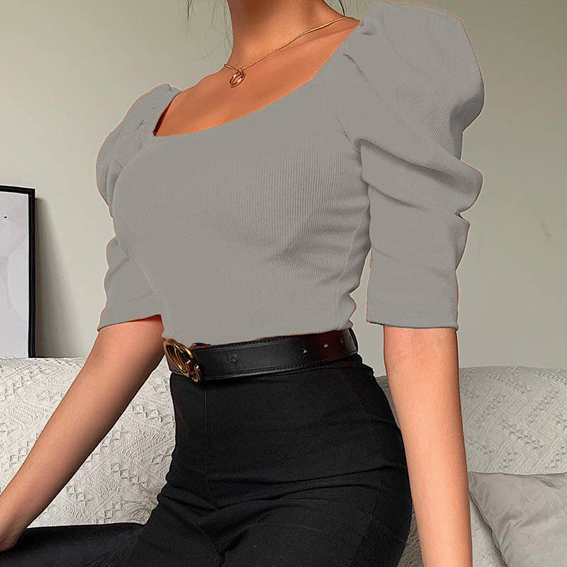 Simple square-neck puffed sleeve short-sleeve top